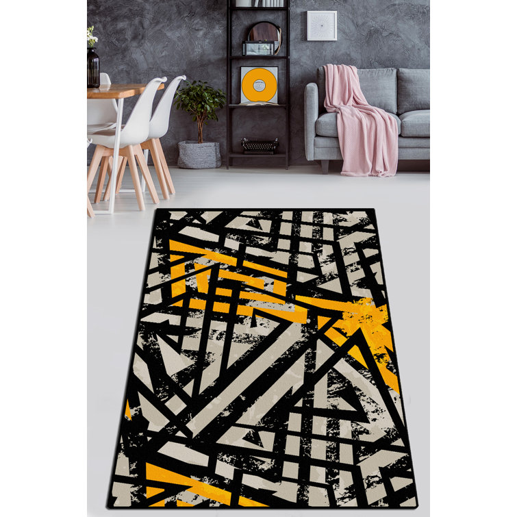 Metro Lane Keesee Pretentious Shaggy Black/White/Yellow Rug Wayfair.co.uk